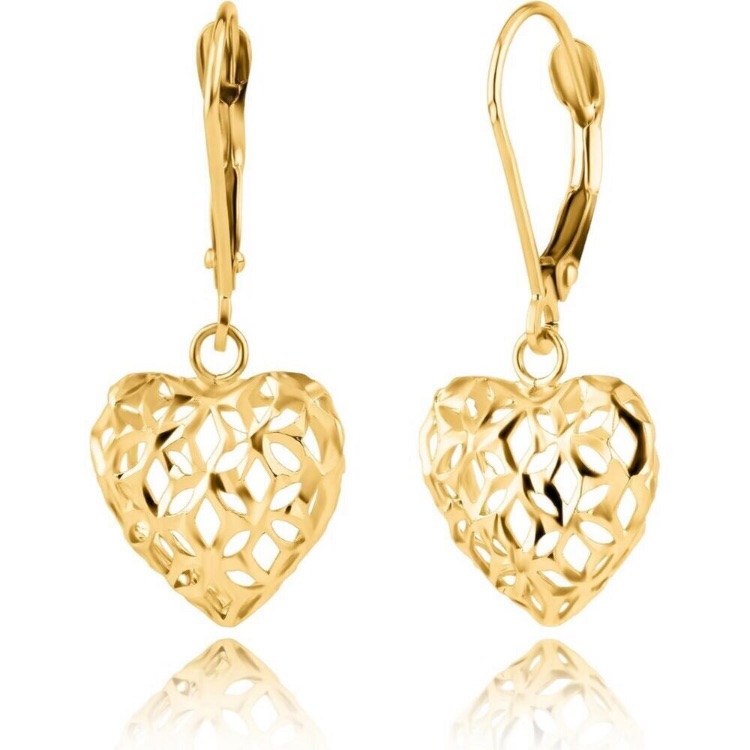 Womens 14k Gold Plated Dangle Drop Heart Earrings With Secure Leverback New 65$